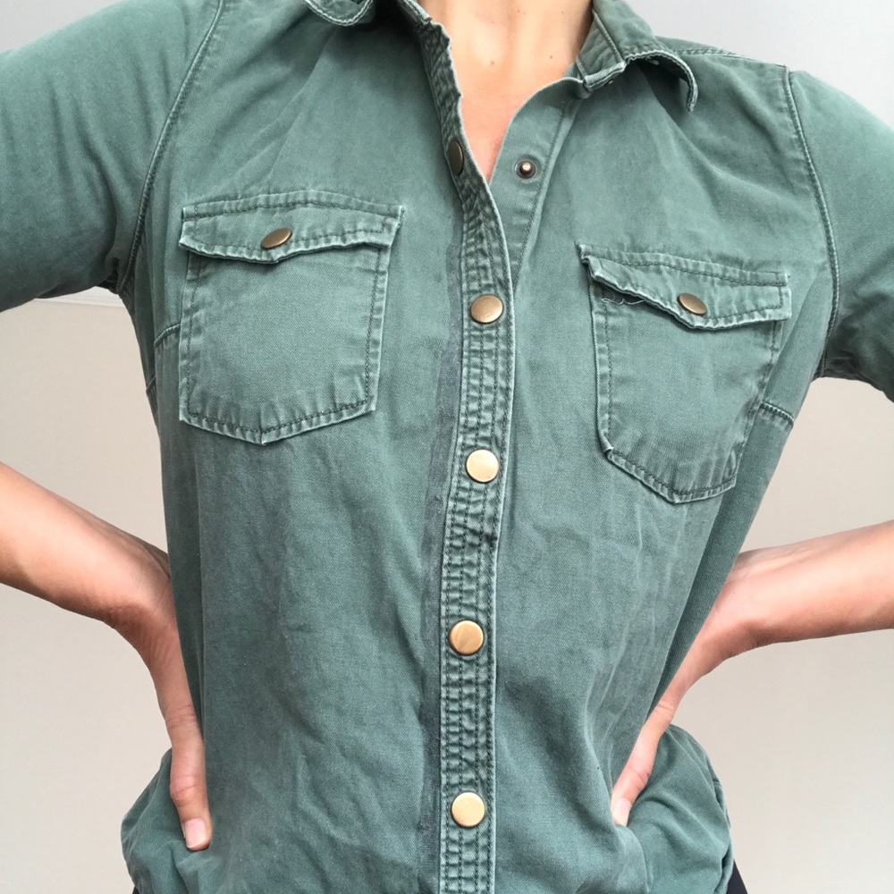 Army green button down shirt gold buttons